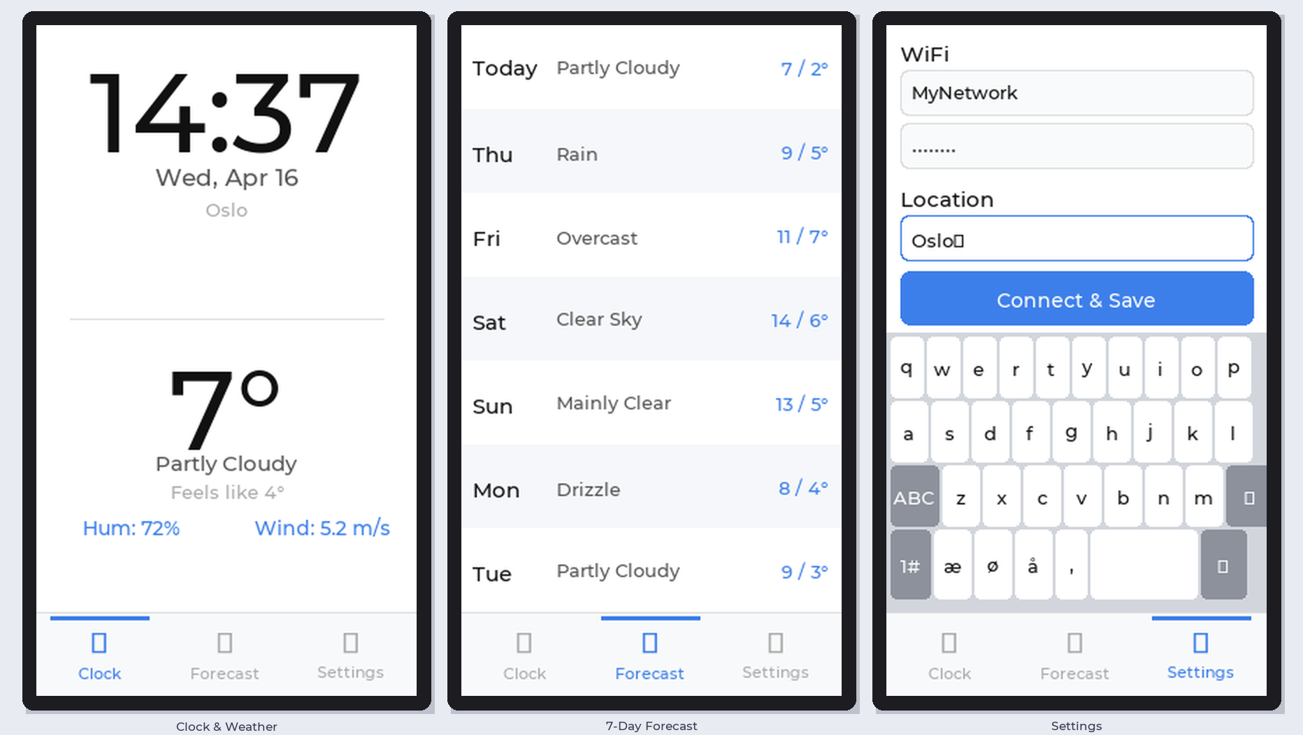 ESP32 DeskClock — Clock & Weather, 7-Day Forecast, and Settings screens